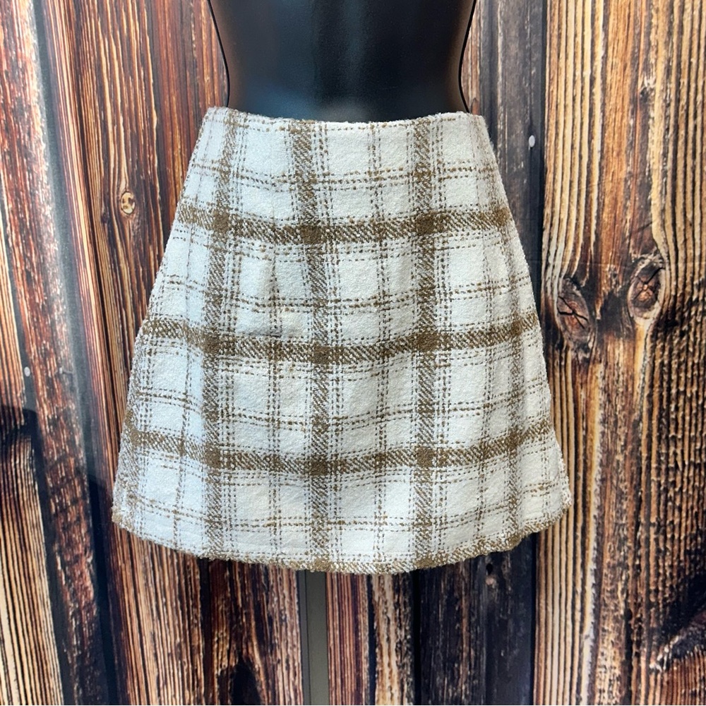 🎁5 FOR $50 SALE🎁 Preppy Tweed Brown & Cream Plaid Mini Skirt Side Zipper